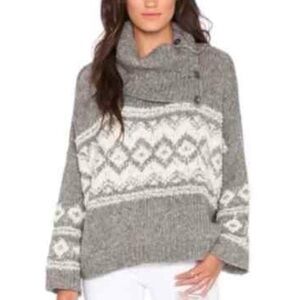 FREE PEOPLE Ragnar Fair Isle Sweater Split Cowl Neck Gray Knit Wool Oversized
